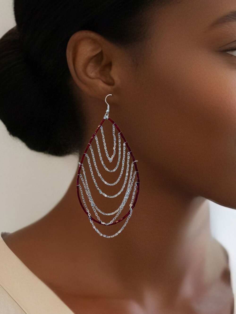 Red Beaded Teardrop Earrings Statement Chain Fringe Boho Indie Jewelry